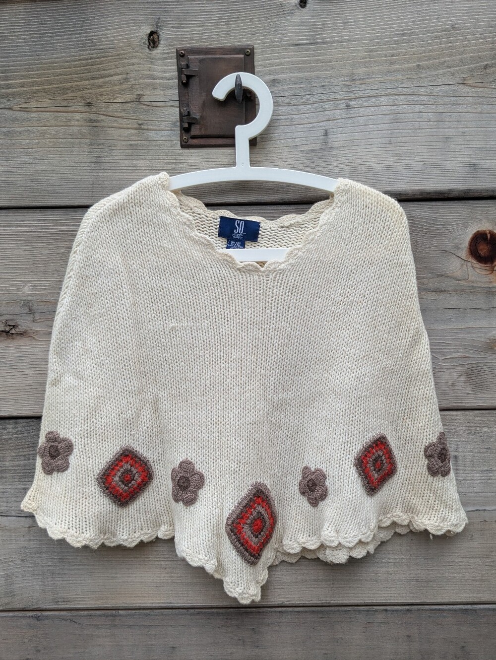 SO Cream Knit Crochet-Trim Poncho with Red & Brown Accents